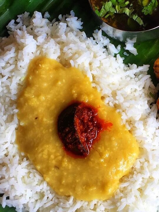 Avakaya Chicken Pickle with White Rice and Dal (Pappu)