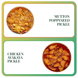 mutton poppyseed chicken avakaya pickle combo